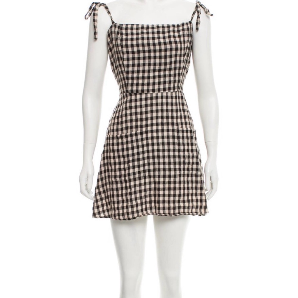 Reformation Gingham Tie-Shoulder Mini Dress in Black and Cream